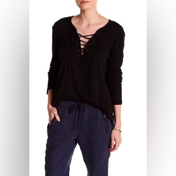 Michael Stars Waffle Knit Thermal Lace Up Top Taupe One Size OS - Picture 4 of 6